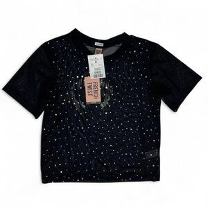 Black mesh top with multi-coloured rhinestone details #partytop